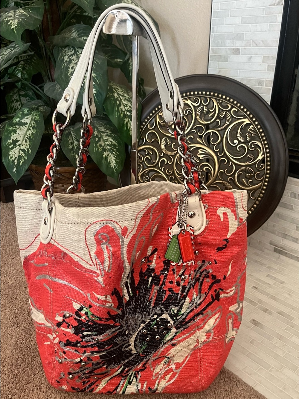 Coach Canvas Tote with Coral-Red Floral Print and White Leather Handles